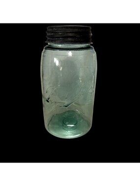 Vintage Ball Mason Jar With Zinc Lid Aqua Blue Glass Collectible Kitchen Storage